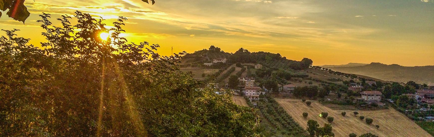 Tramonto su colline con campi e alberi.